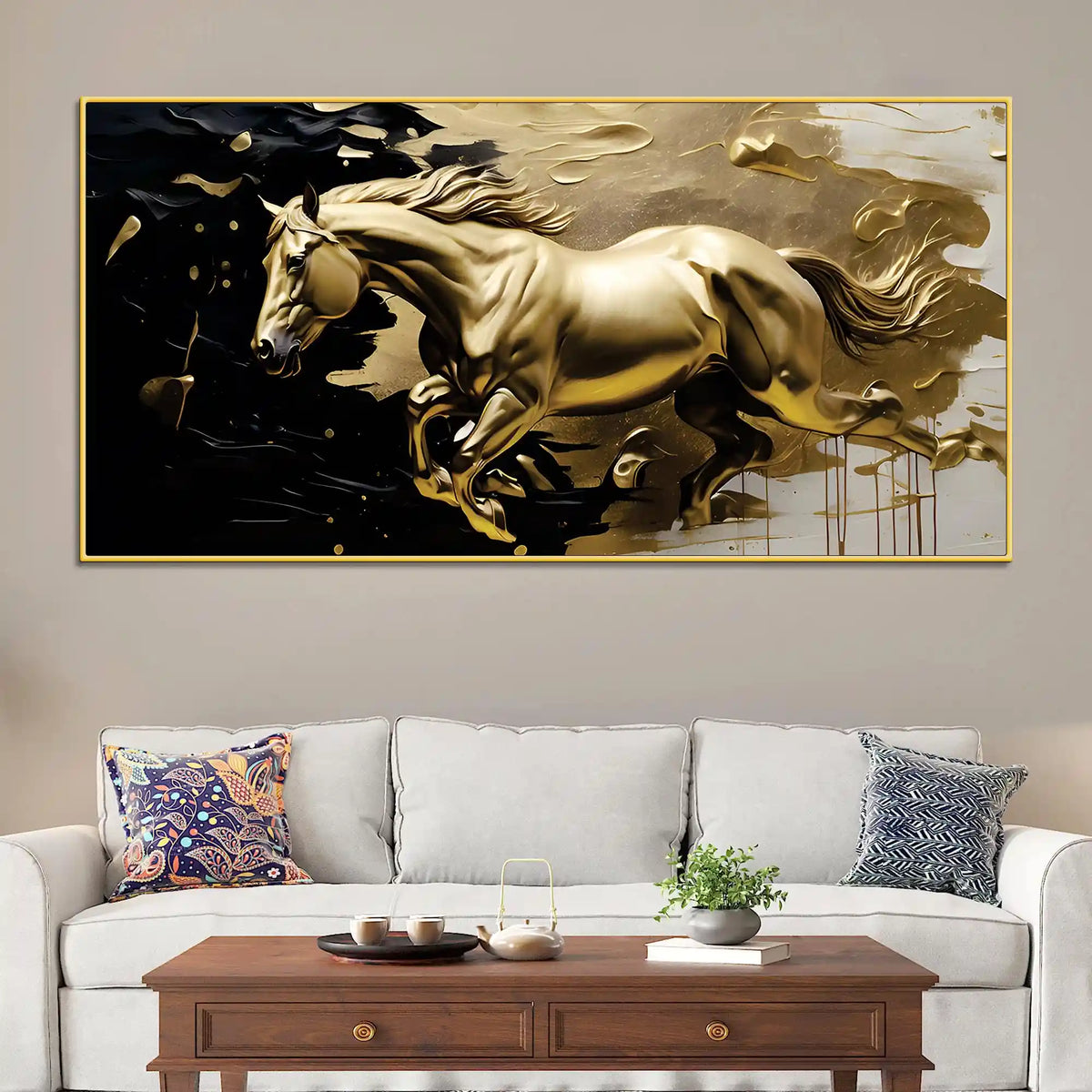 Golden Running Horse Abstract Canvas Painting for Home & Office Decor