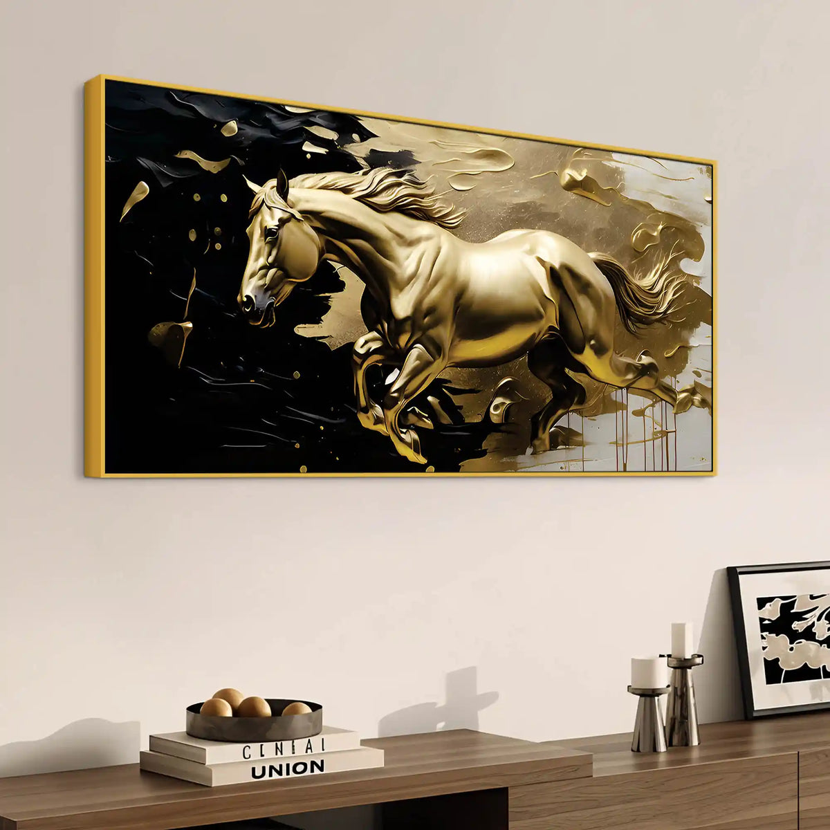 Golden Running Horse Abstract Canvas Painting for Home & Office Decor