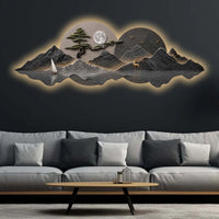 Golden Sailboat Mountain Reflection Premium Crystal Glass Backlit LED Wall Art