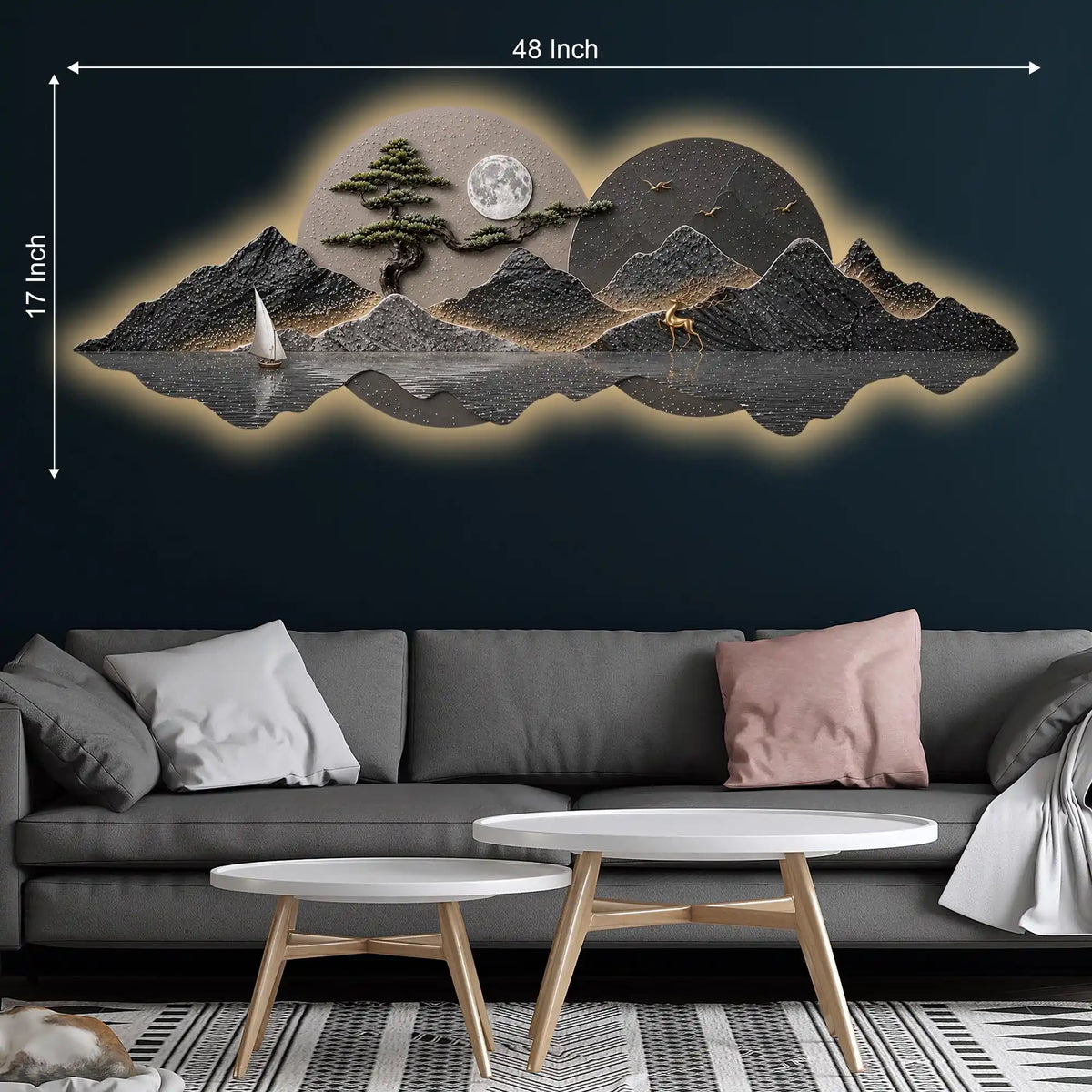 Golden Sailboat Mountain Reflection Premium Crystal Glass Backlit LED Wall Art