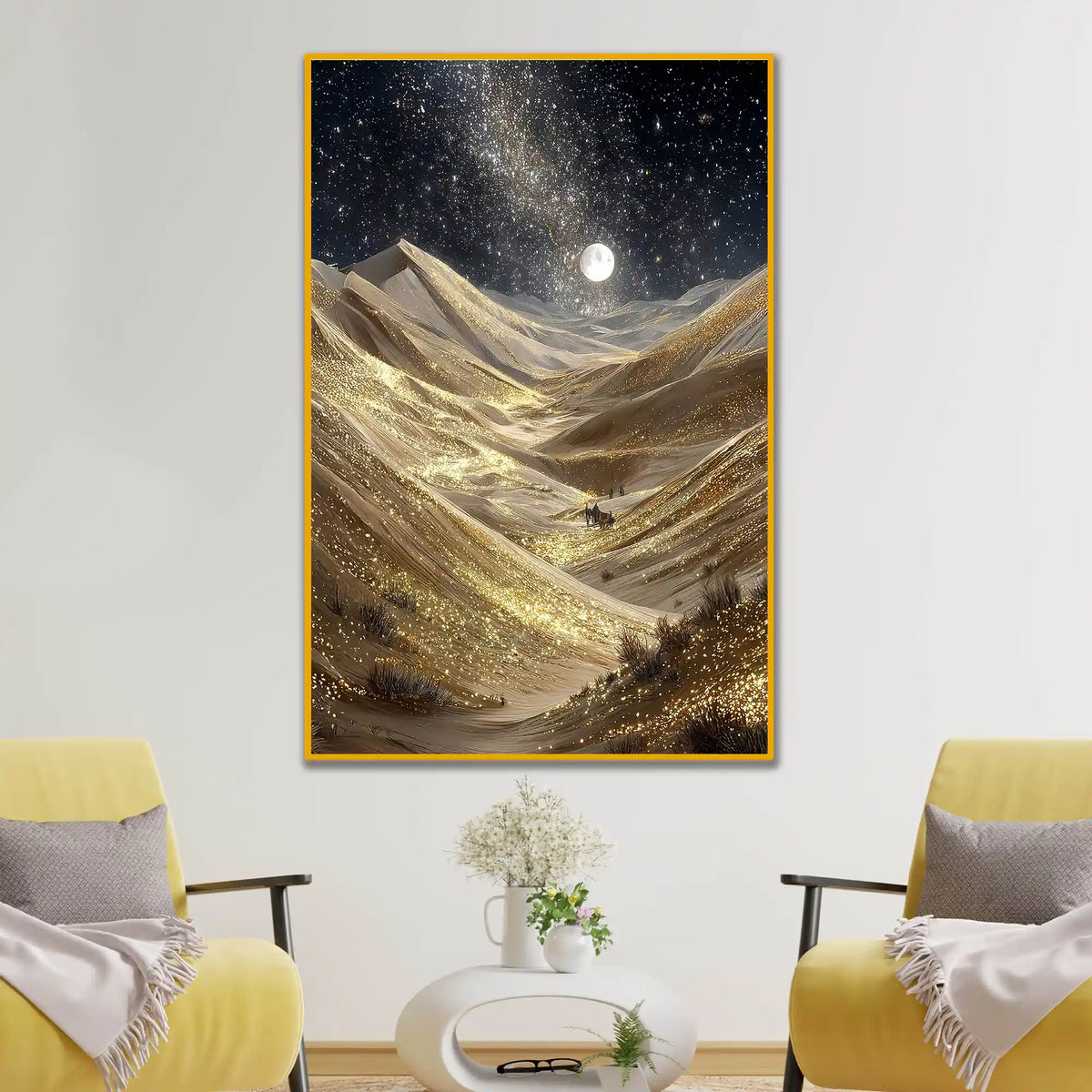 Golden Sand Dunes Under Moonlight Floating Frame Crystal Wall Painting
