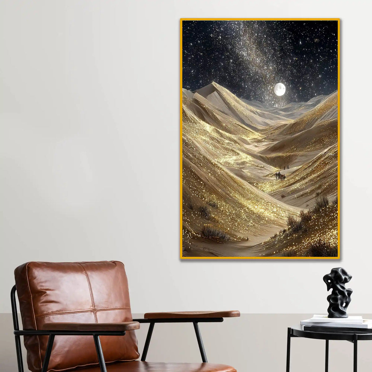 Golden Sand Dunes Under Moonlight Floating Frame Crystal Wall Painting