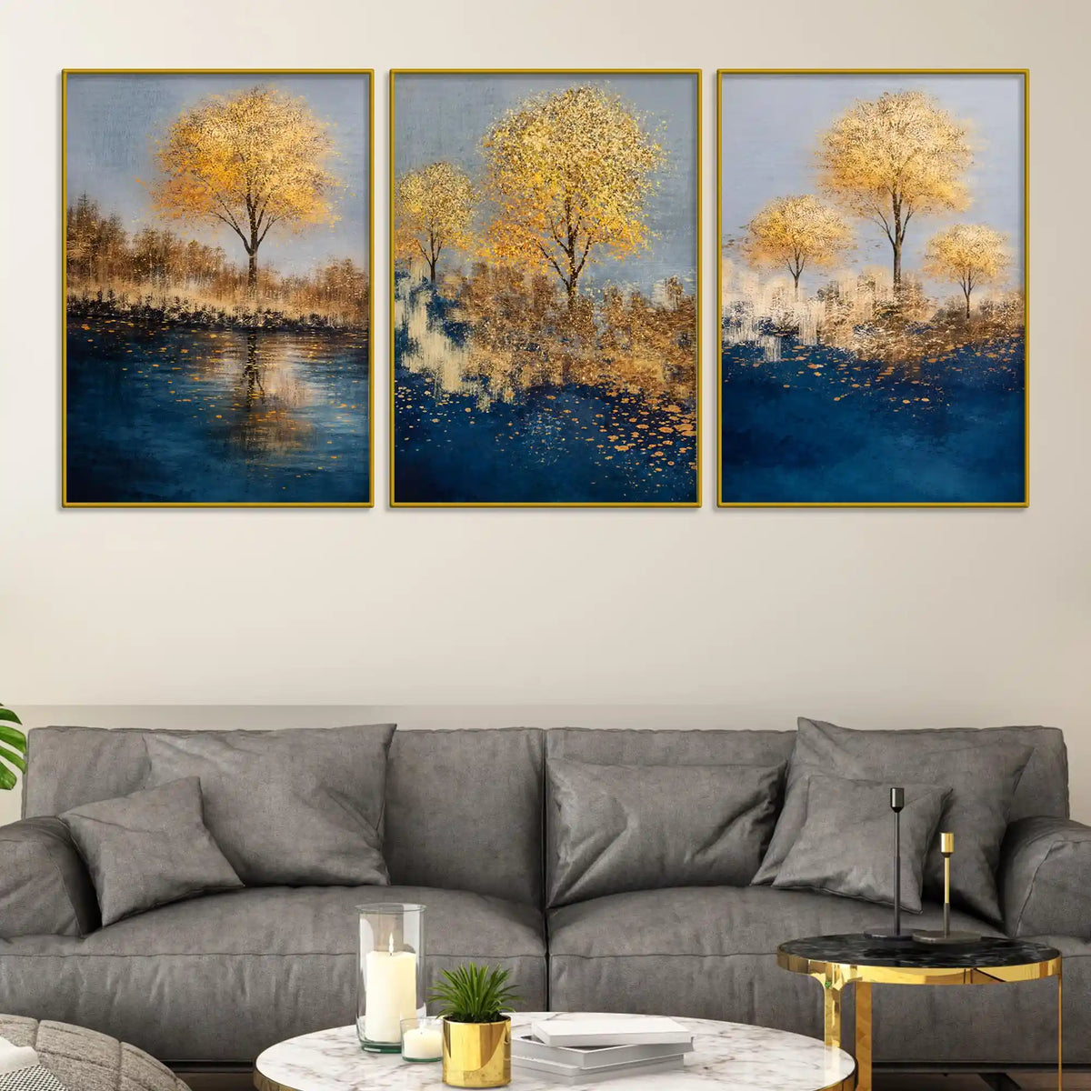 Golden Serenity Trees Floating Frame Crystal Wall Painting Set of 3