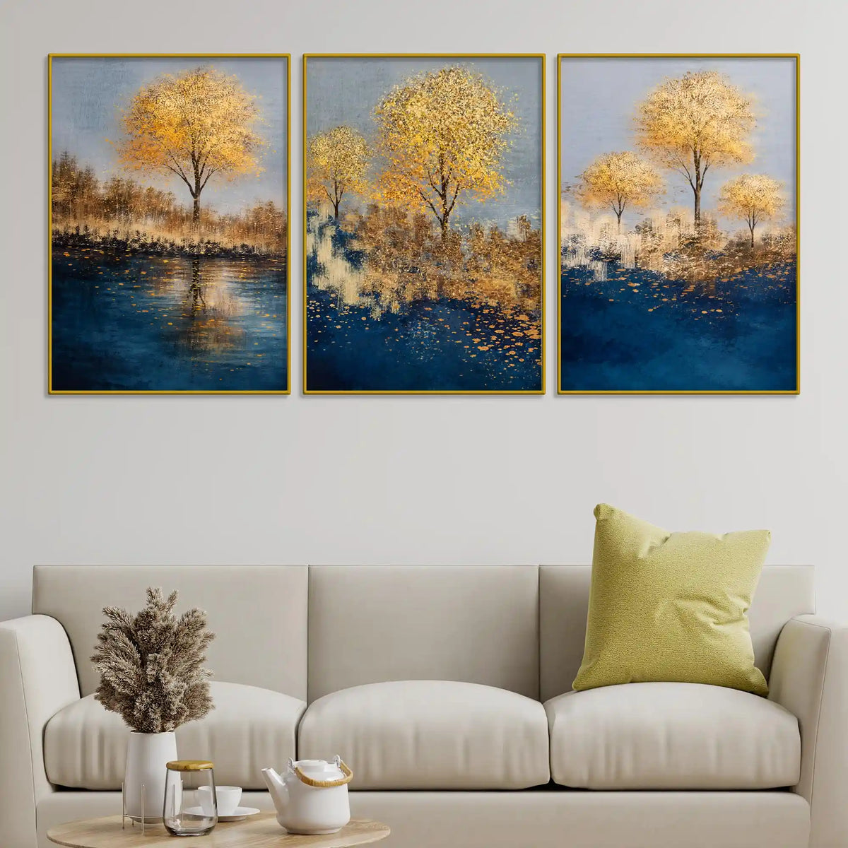 Golden Serenity Trees Floating Frame Crystal Wall Painting Set of 3