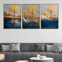 Golden Serenity Trees Floating Frame Crystal Wall Painting Set of 3