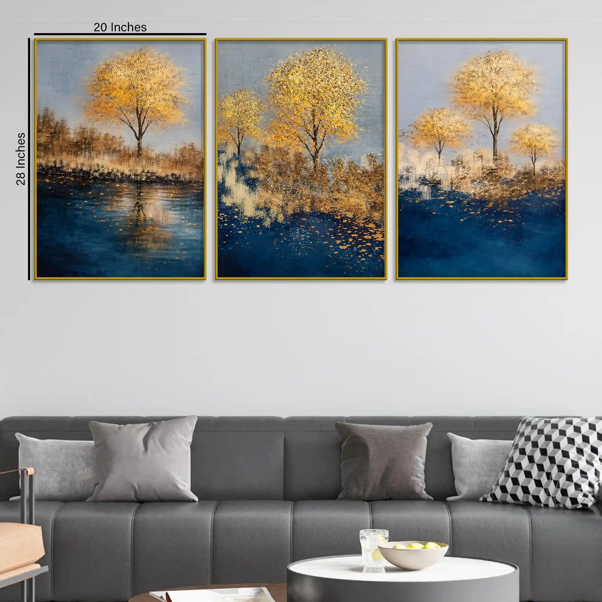 Golden Serenity Trees Floating Frame Crystal Wall Painting Set of 3