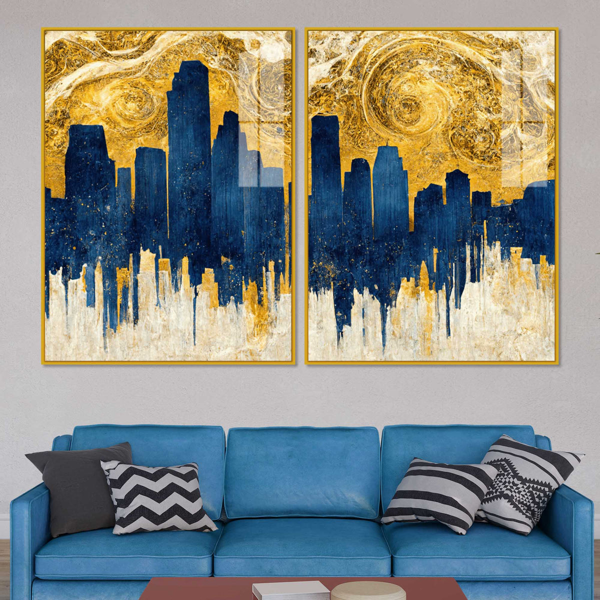 Golden Skyline Abstract Cityscape Acrylic Floating Wall Painting Set of 2