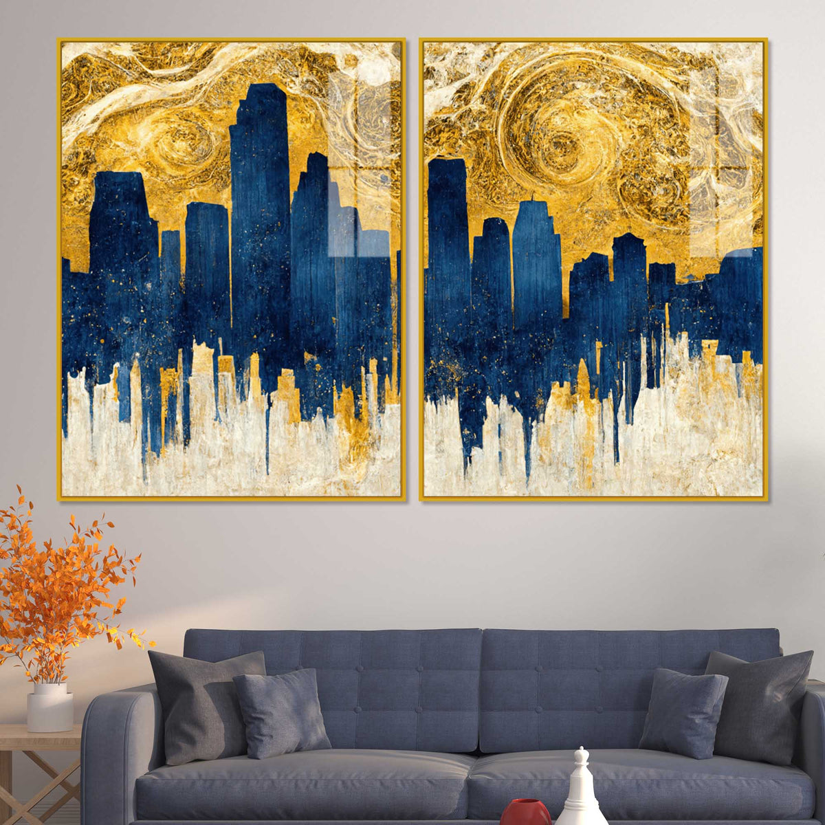 Golden Skyline Abstract Cityscape Acrylic Floating Wall Painting Set of 2