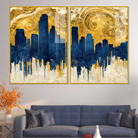 Golden Skyline Abstract Cityscape Acrylic Floating Wall Painting Set of 2