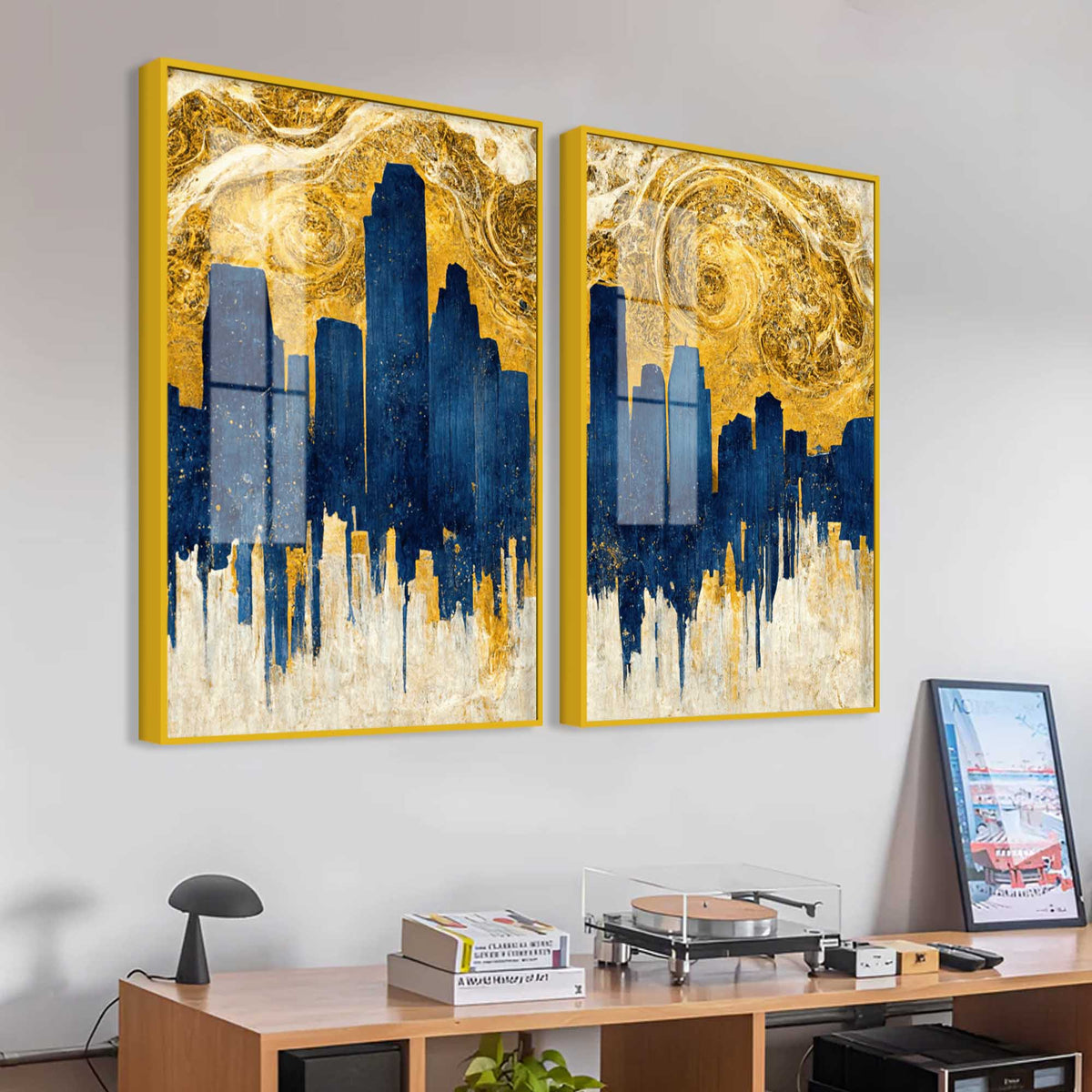 Golden Skyline Abstract Cityscape Acrylic Floating Wall Painting Set of 2