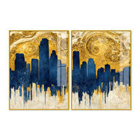 Golden Skyline Abstract Cityscape Acrylic Floating Wall Painting Set of 2