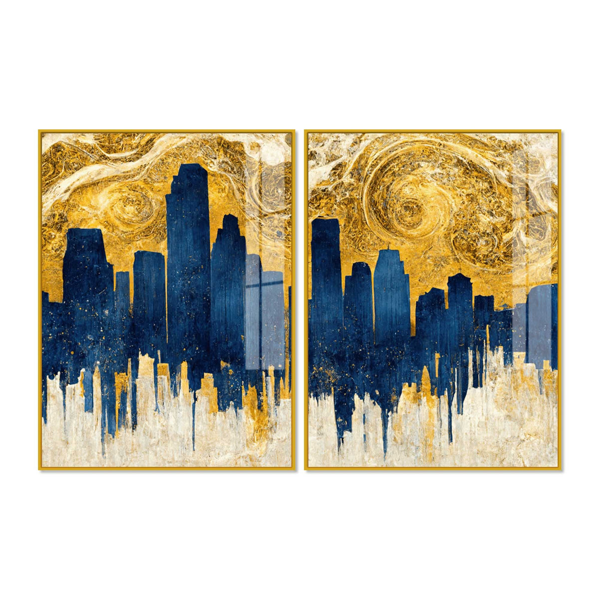 Golden Skyline Abstract Cityscape Acrylic Floating Wall Painting Set of 2