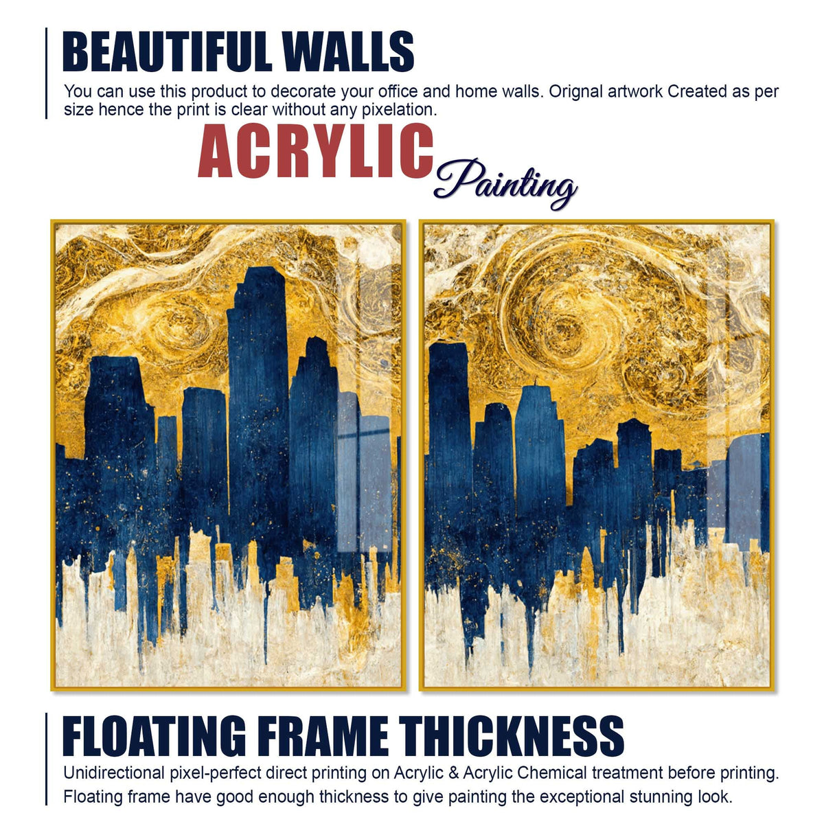 Golden Skyline Abstract Cityscape Acrylic Floating Wall Painting Set of 2