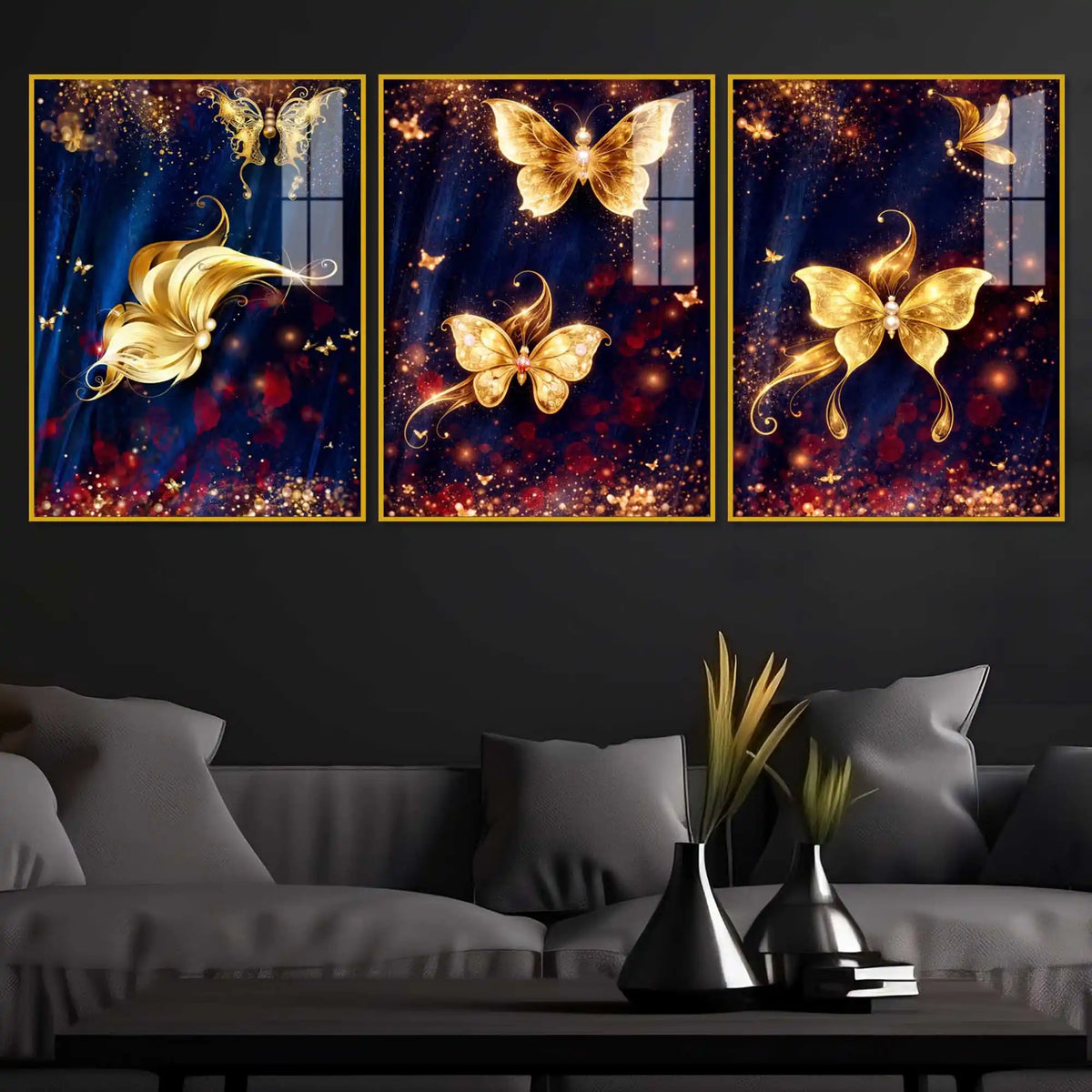 Golden Sparkle Butterflies Acrylic Painting Set of 3