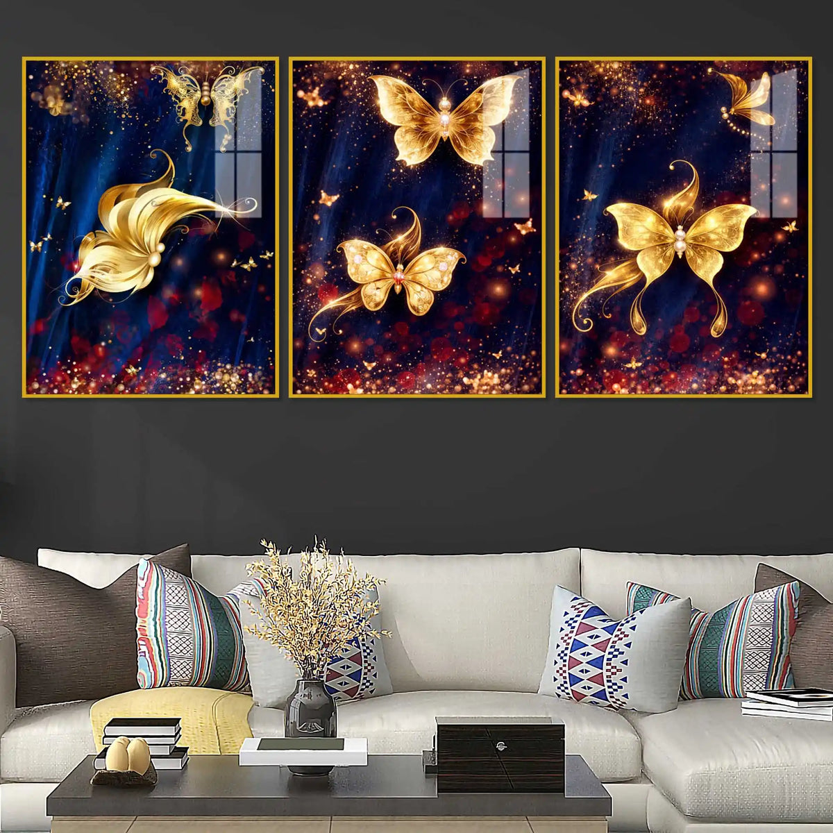 Golden Sparkle Butterflies Acrylic Painting Set of 3