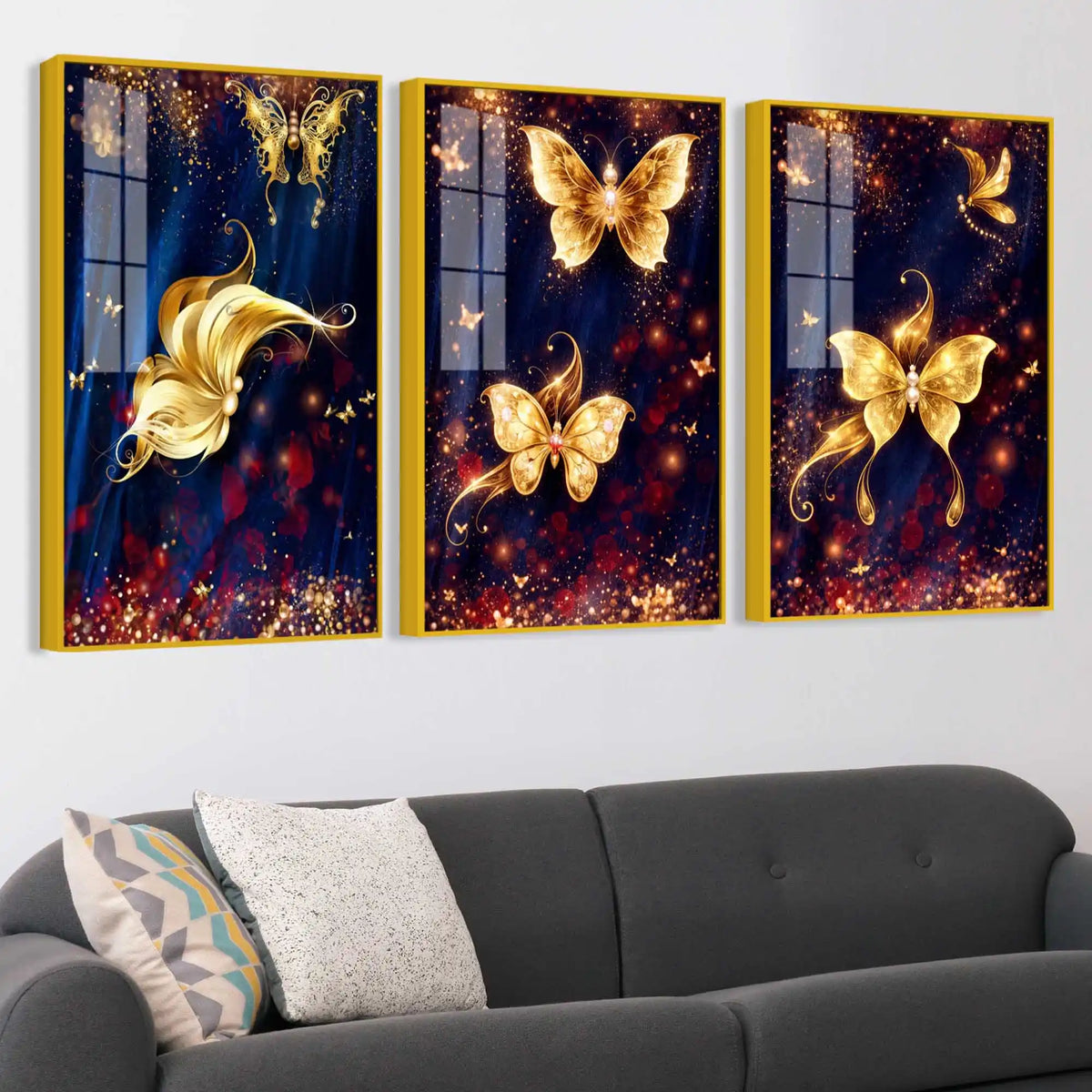 Golden Sparkle Butterflies Acrylic Painting Set of 3