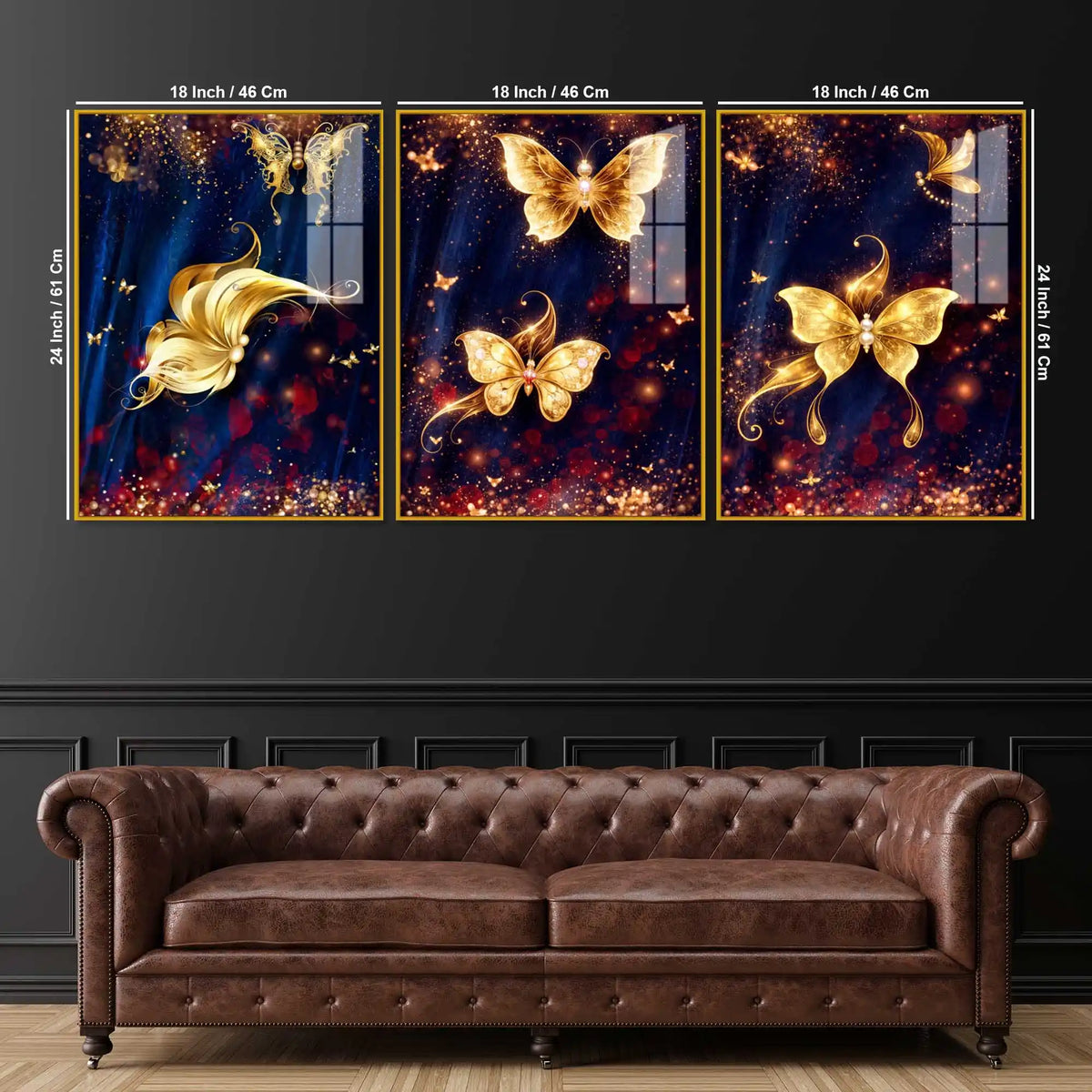 Golden Sparkle Butterflies Acrylic Painting Set of 3