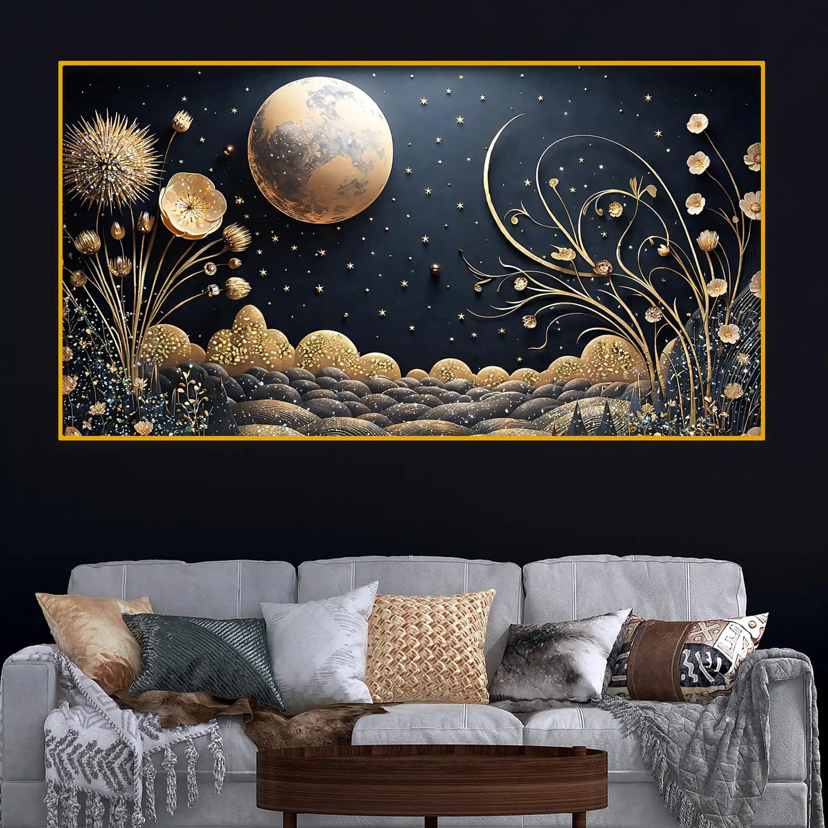 Golden Starry Night Crystal Glass Painting for Elegant Hallway Wall Décor