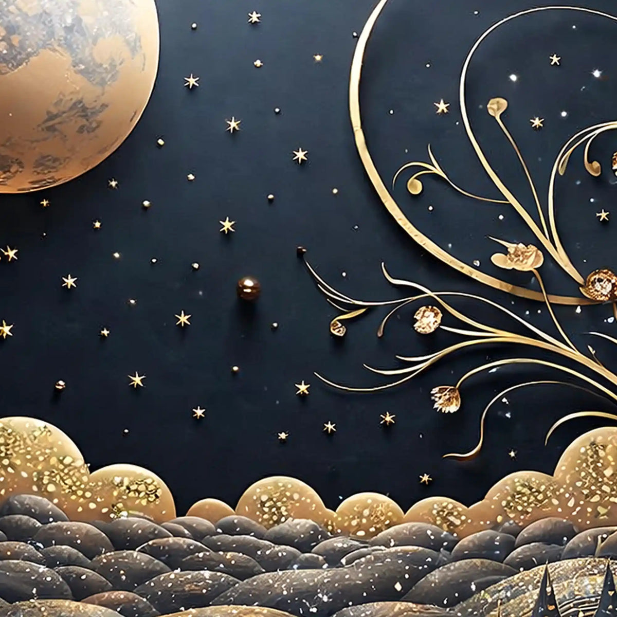 Golden Starry Night Crystal Glass Painting for Elegant Hallway Wall Décor