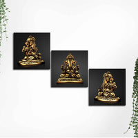 Golden Statue of Lord Ganesha Canvas Wall Painting of 3 Pieces