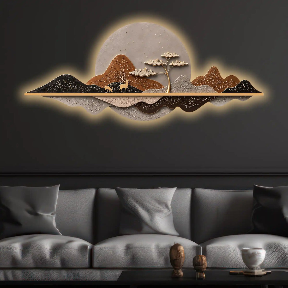 Golden Sunset Peaks Premium Crystal Glass Backlit LED Wall Art