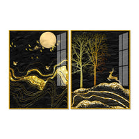 Golden Textured Mountains Art Premium Acrylic Floating Wall Painting Set Of 2