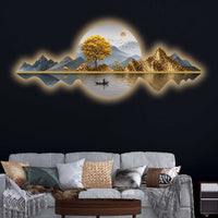 Golden Tree & Mountain Reflection Crystal Glass Backlit LED Wall Art