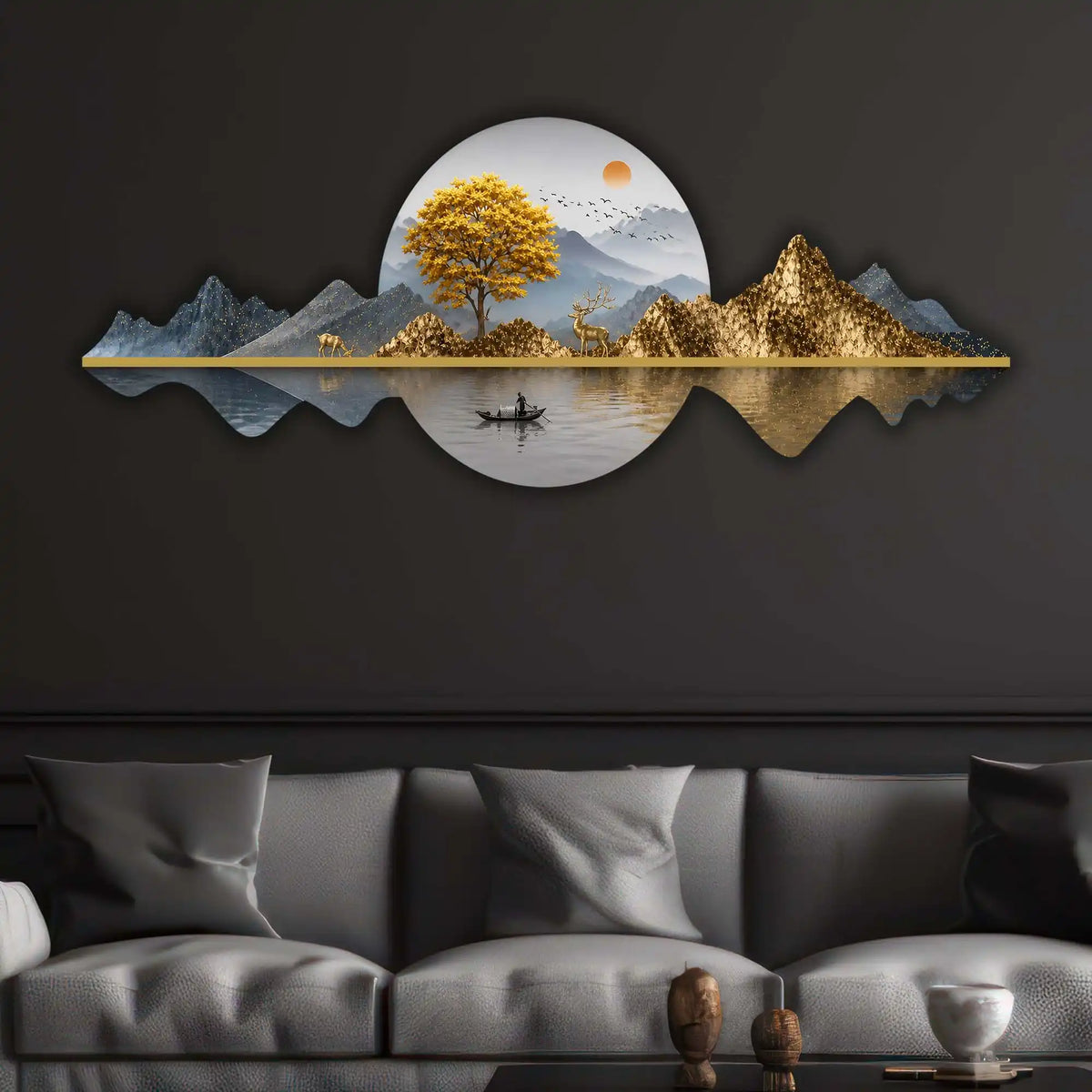 Golden Tree & Mountain Reflection Crystal Glass Backlit LED Wall Art
