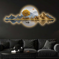 Golden Tree & Mountain Reflection Crystal Glass Backlit LED Wall Art
