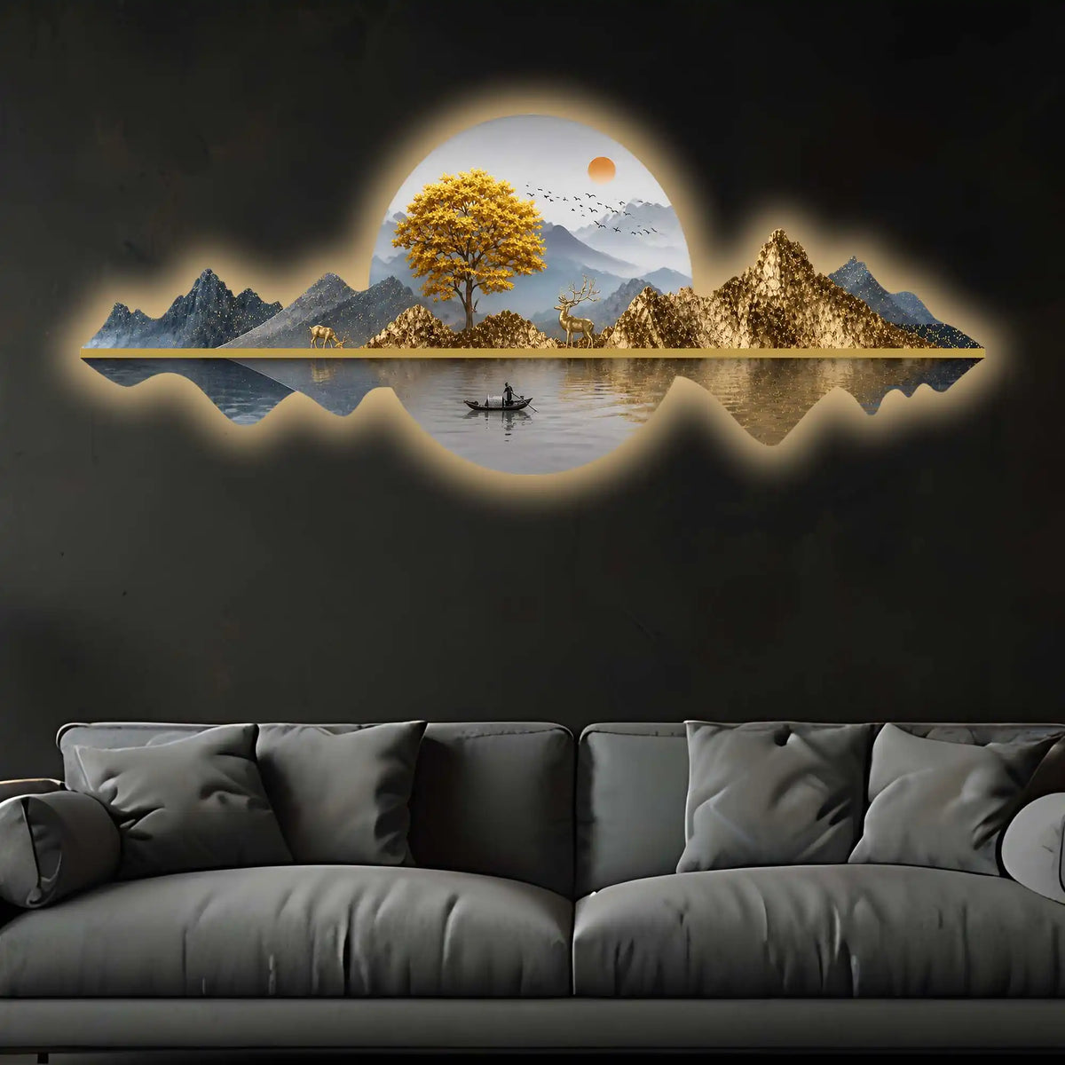 Golden Tree & Mountain Reflection Crystal Glass Backlit LED Wall Art