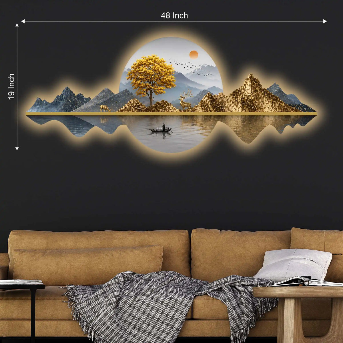 Golden Tree & Mountain Reflection Crystal Glass Backlit LED Wall Art