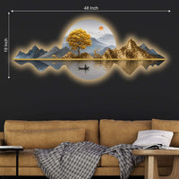 Golden Tree & Mountain Reflection Crystal Glass Backlit LED Wall Art