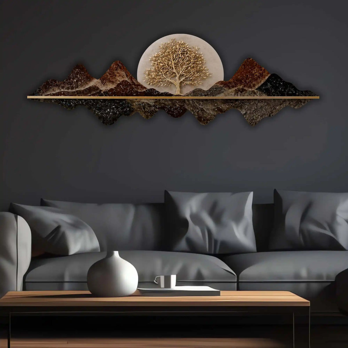 Golden Tree Mountain Reflection Premium Crystal Glass Backlit LED Wall Art