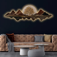 Golden Tree Mountain Reflection Premium Crystal Glass Backlit LED Wall Art