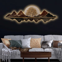 Golden Tree Mountain Reflection Premium Crystal Glass Backlit LED Wall Art