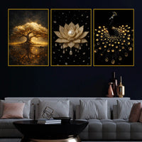 Golden Tree of Life, Divine Lotus & Royal Peacock Floating Frame Crystal Wall Painting Set of 3