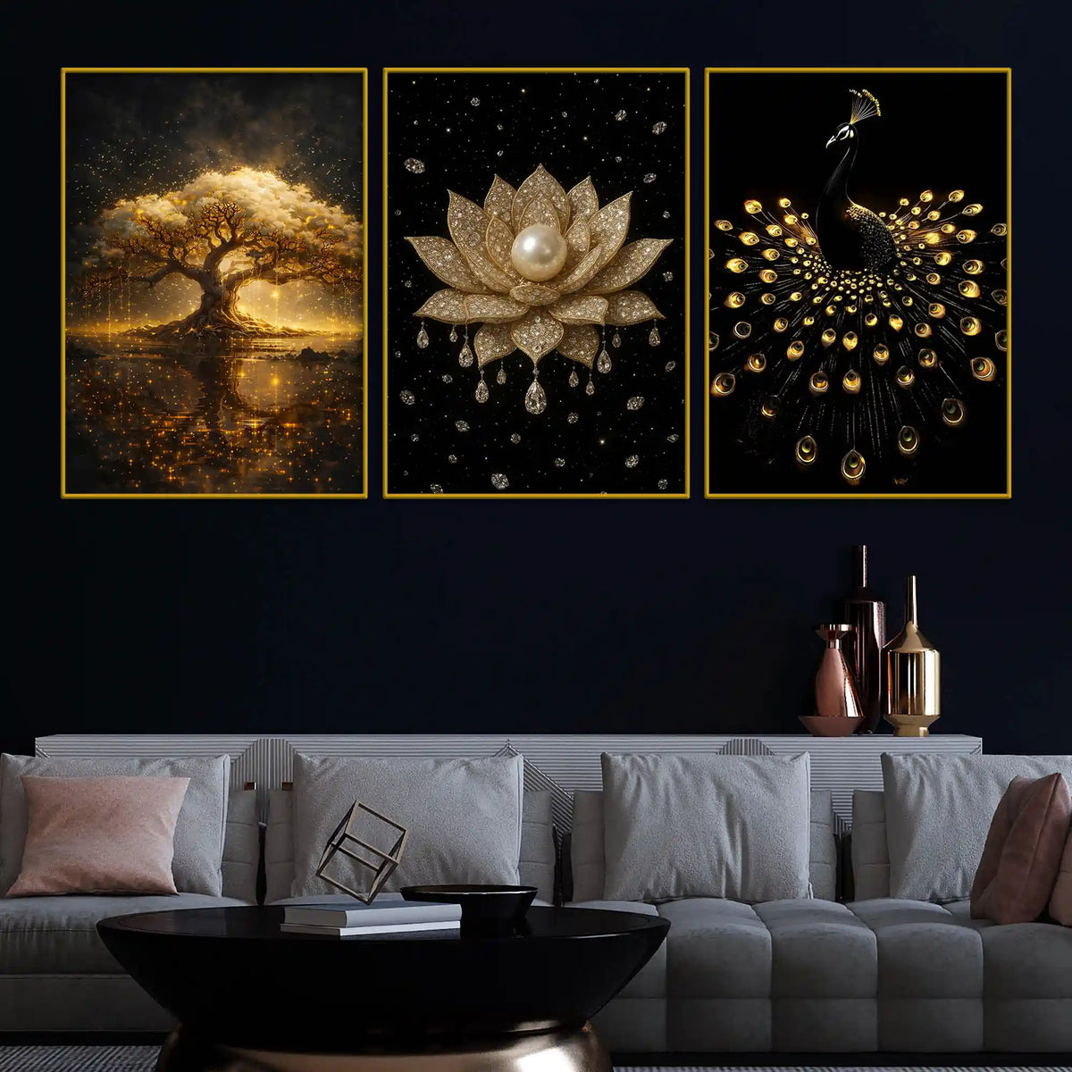 Golden Tree of Life, Divine Lotus & Royal Peacock Floating Frame Crystal Wall Painting Set of 3