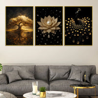 Golden Tree of Life, Divine Lotus & Royal Peacock Floating Frame Crystal Wall Painting Set of 3