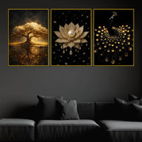 Golden Tree of Life, Divine Lotus & Royal Peacock Floating Frame Crystal Wall Painting Set of 3