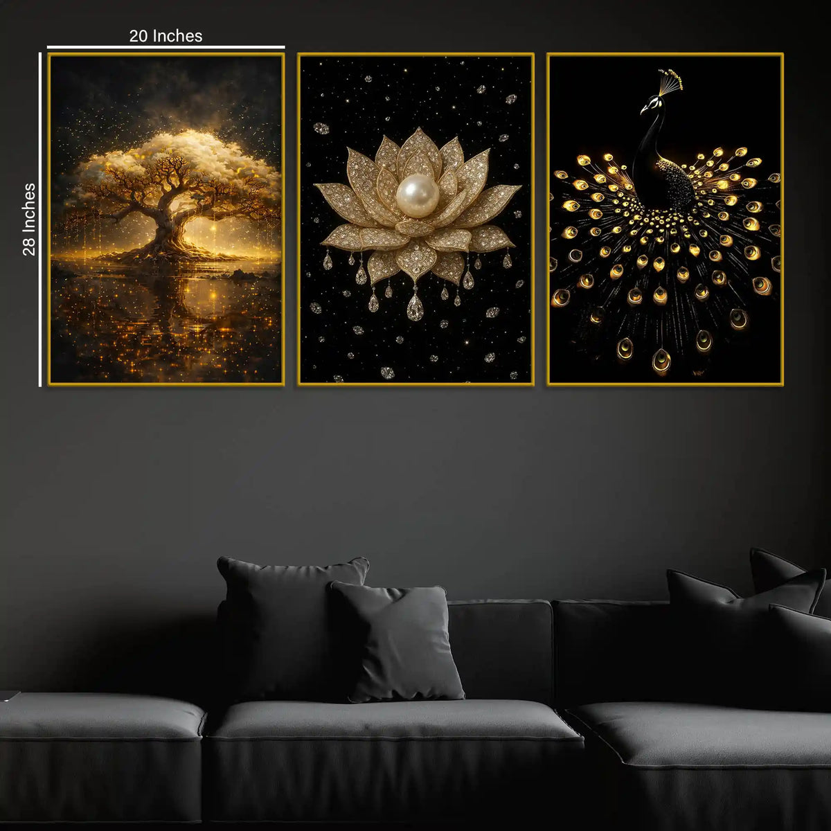 Golden Tree of Life, Divine Lotus & Royal Peacock Floating Frame Crystal Wall Painting Set of 3