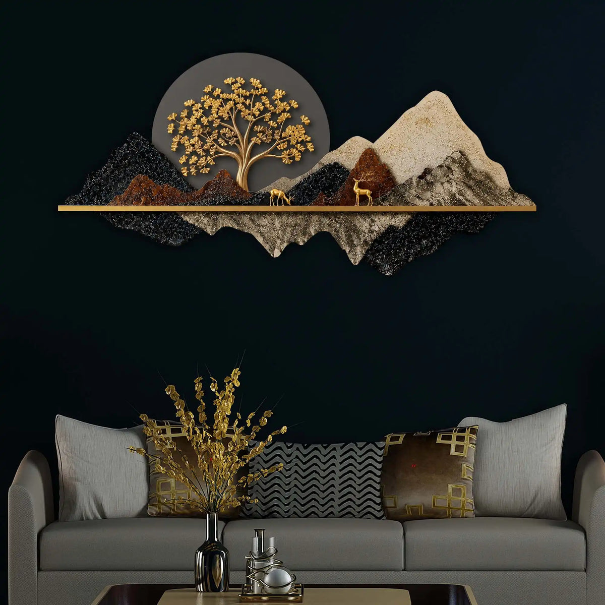 Golden Tree of Life Mountains & Deers Crystal Glass Backlit LED Wall Art