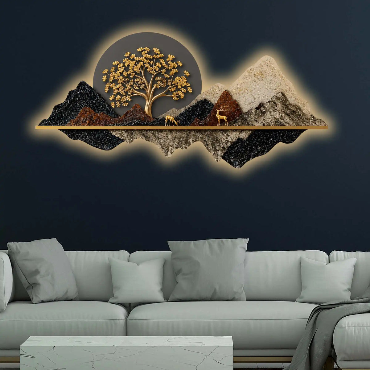 Golden Tree of Life Mountains & Deers Crystal Glass Backlit LED Wall Art