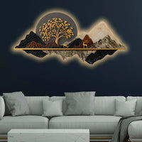 Golden Tree of Life Mountains & Deers Crystal Glass Backlit LED Wall Art
