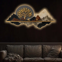 Golden Tree of Life Mountains & Deers Crystal Glass Backlit LED Wall Art
