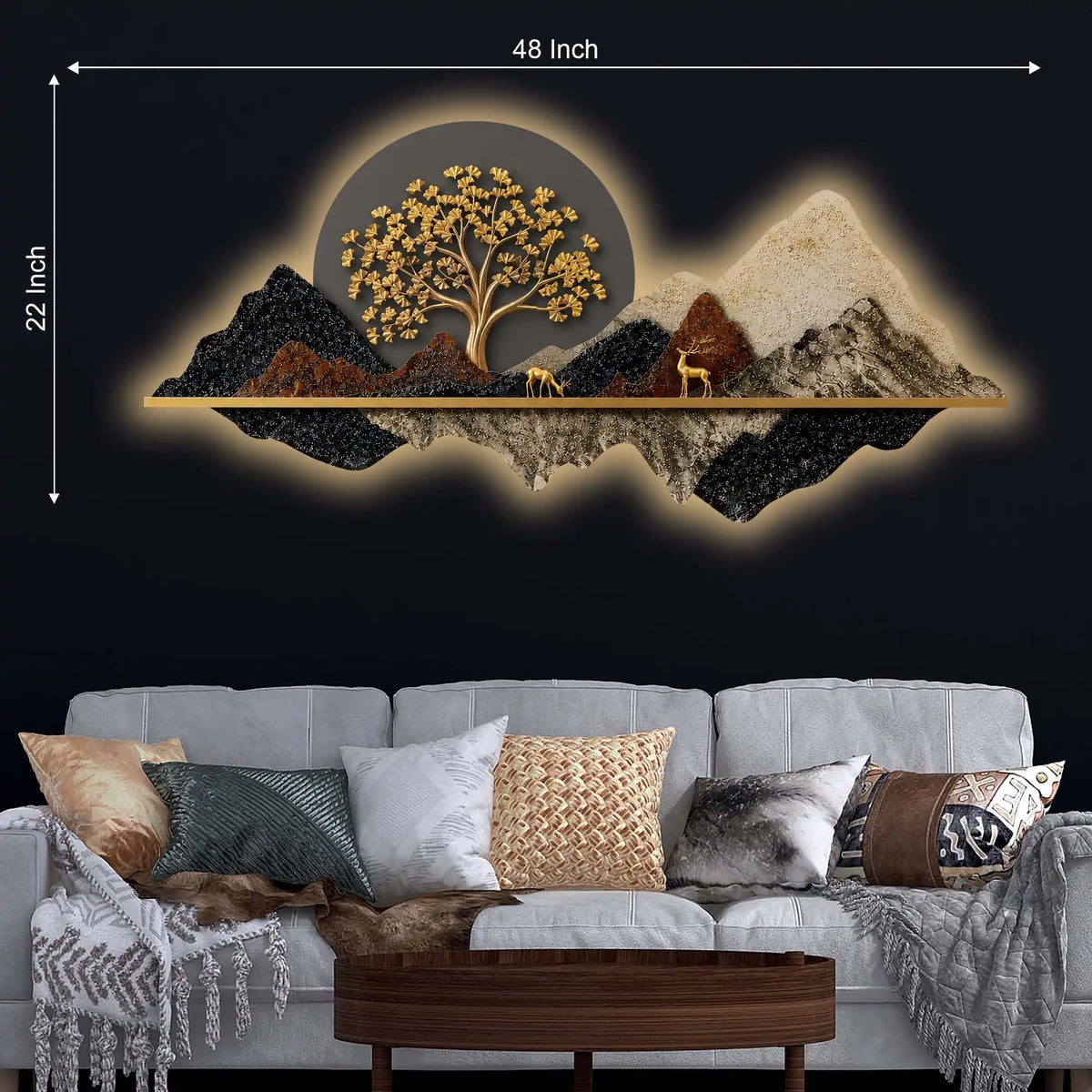 Golden Tree of Life Mountains & Deers Crystal Glass Backlit LED Wall Art