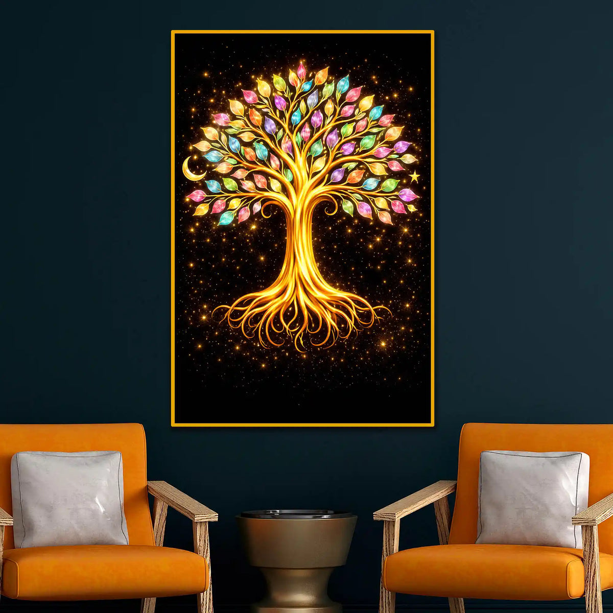 Golden Tree of Life with Vibrant Leaves Floating Frame Crystal Wall Painting