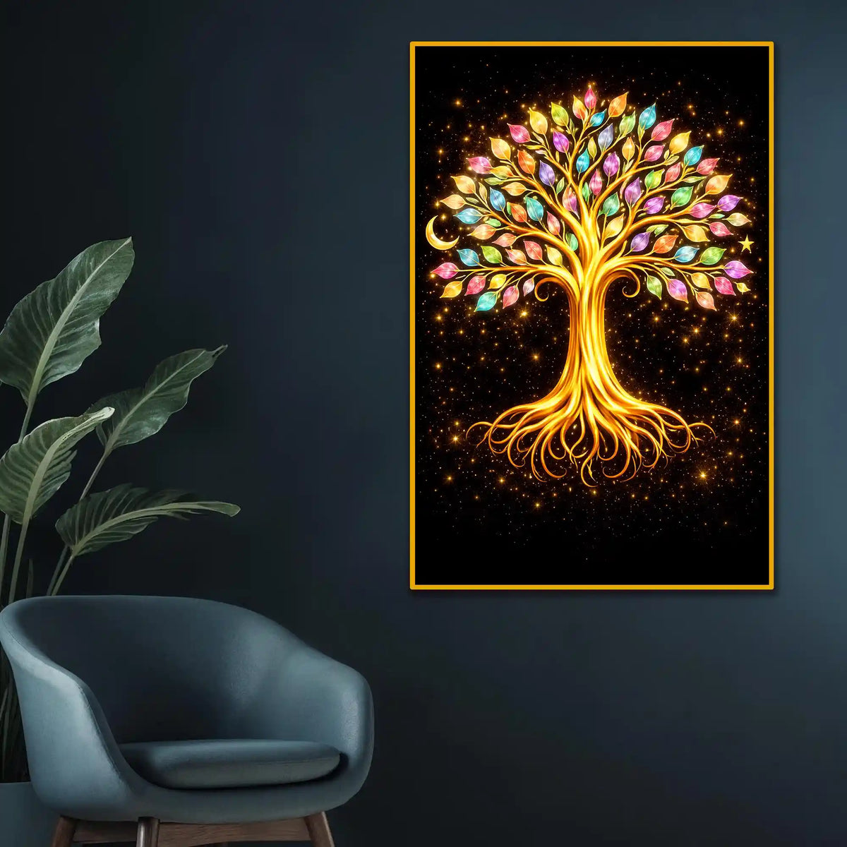 Golden Tree of Life with Vibrant Leaves Floating Frame Crystal Wall Painting