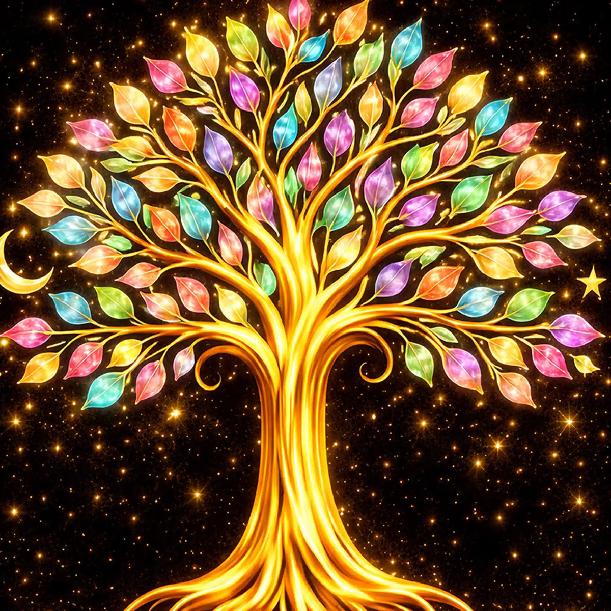 Golden Tree of Life with Vibrant Leaves Floating Frame Crystal Wall Painting