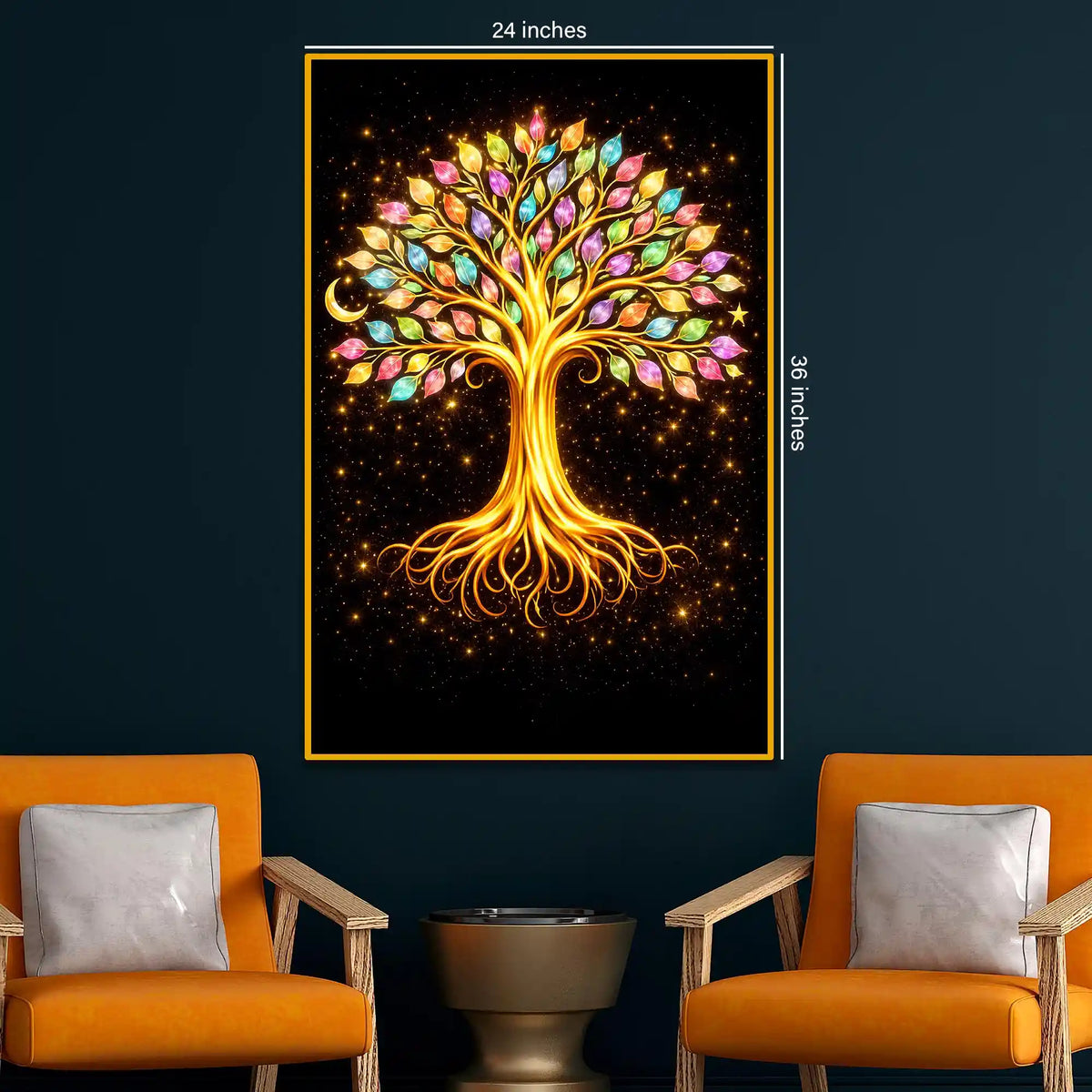 Golden Tree of Life with Vibrant Leaves Floating Frame Crystal Wall Painting