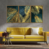 Golden Tropical Palm Leaves Floating Canvas Wall Painting Set of Three
